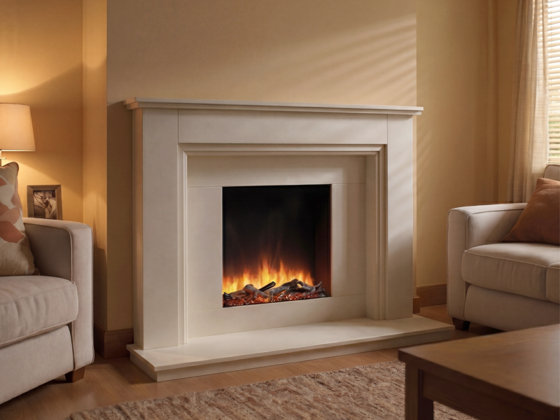 Penham marble fireplace against a cream wall and wooden floor with a 4 piece panel, hearth and hole in the wall electric fire.